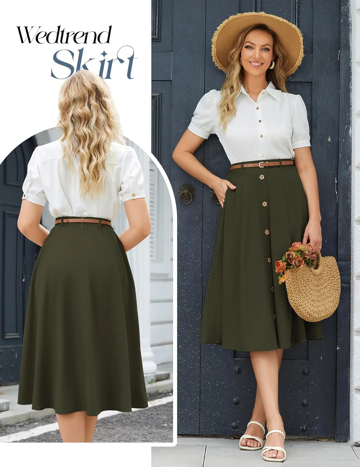 Wedtrend Women's Vintage Skirts A-Line Midi Skirt Button Work Flowy Skirts Pleated Skirt with Belt&Pockets