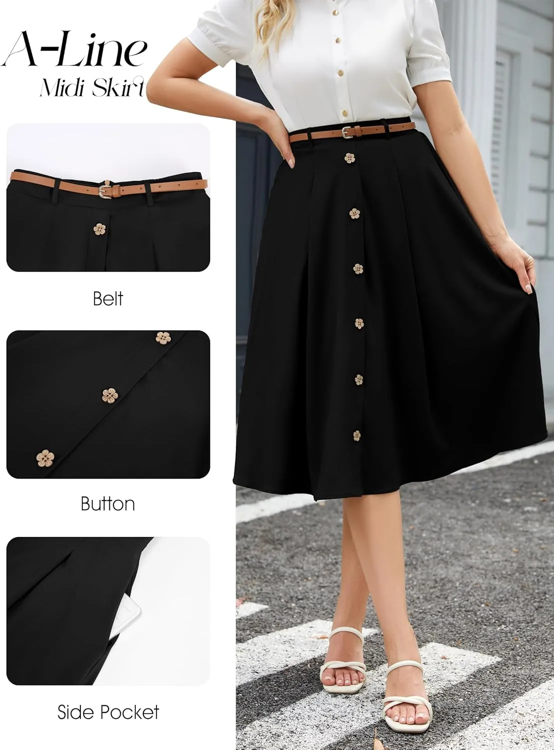 Wedtrend Women's Vintage Skirts A-Line Midi Skirt Button Work Flowy Skirts Pleated Skirt with Belt&Pockets