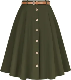 Wedtrend Women's Vintage Skirts A-Line Midi Skirt Button Work Flowy Skirts Pleated Skirt with Belt&Pockets