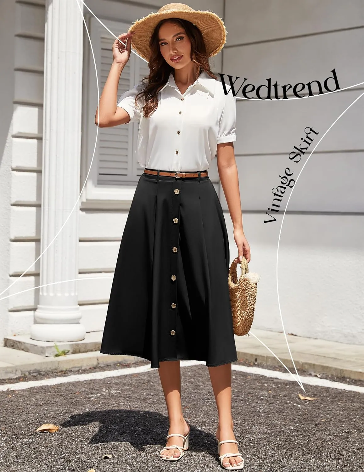 Wedtrend Women's Vintage Skirts A-Line Midi Skirt Button Work Flowy Skirts Pleated Skirt with Belt&Pockets