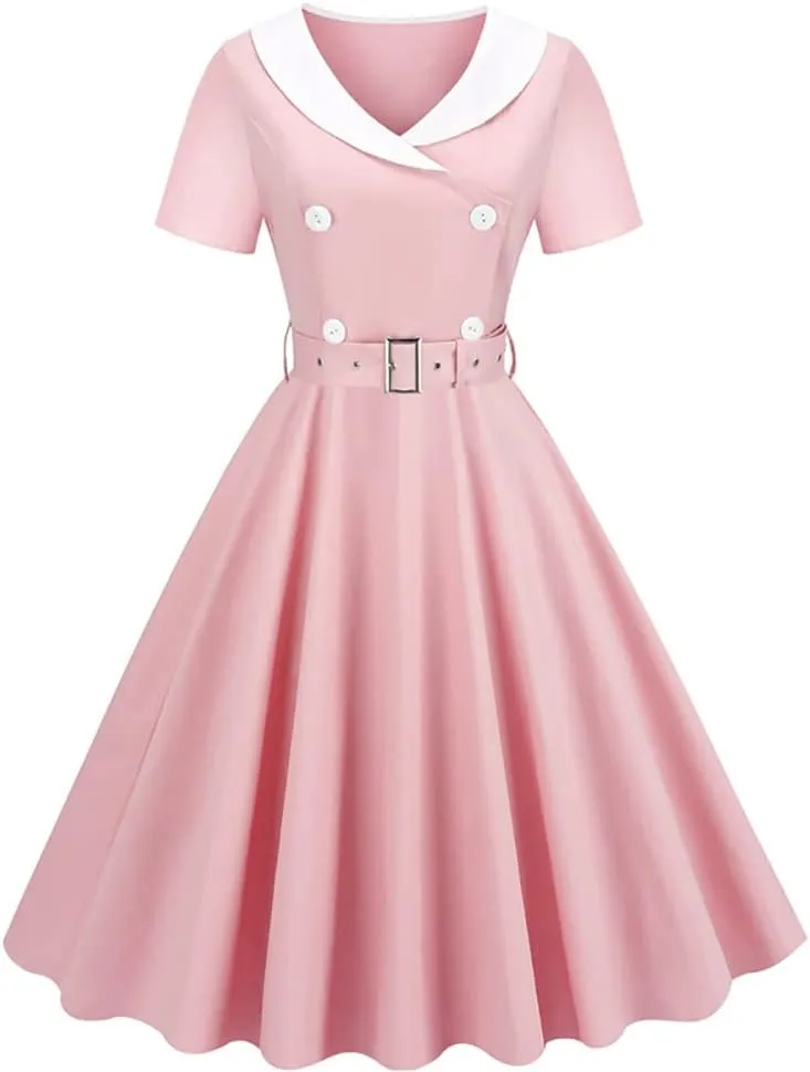 Women Double Breasted Notch Lapel 50s Vintage Short Sleeve Cocktail Swing Dress Polka Dot 1950s Rockabilly Prom Midi Dress