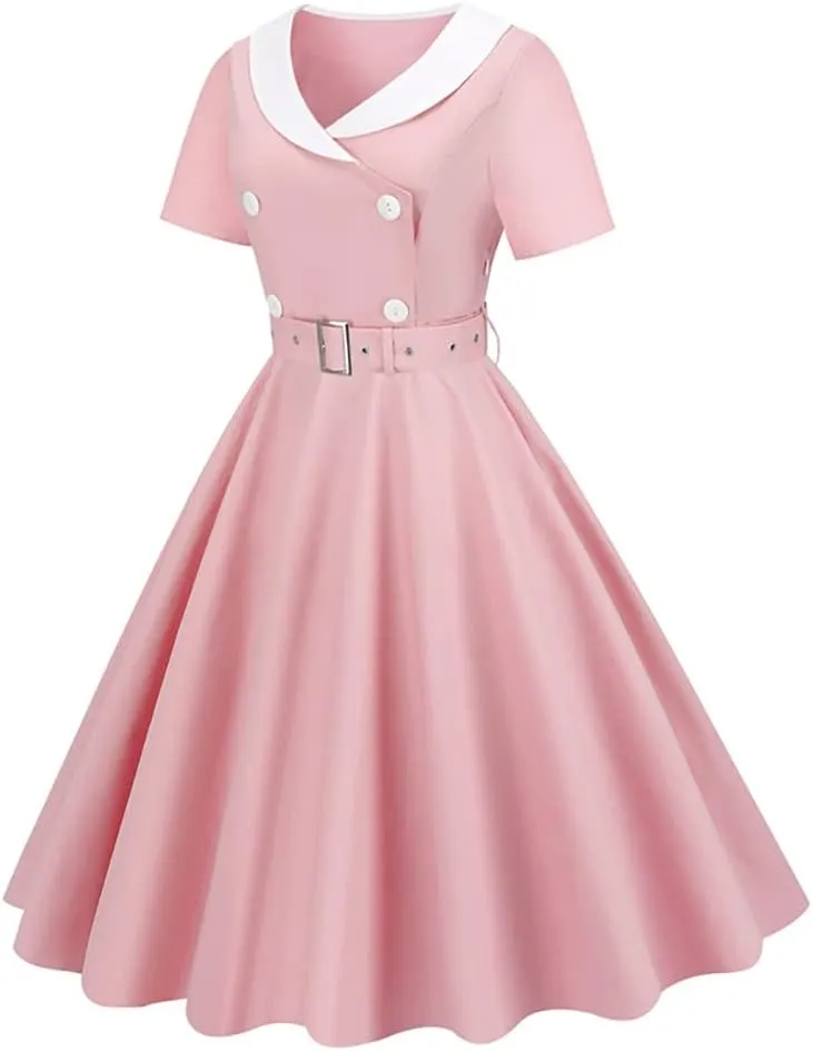 Women Double Breasted Notch Lapel 50s Vintage Short Sleeve Cocktail Swing Dress Polka Dot 1950s Rockabilly Prom Midi Dress