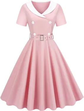 Women Double Breasted Notch Lapel 50s Vintage Short Sleeve Cocktail Swing Dress Polka Dot 1950s Rockabilly Prom Midi Dress