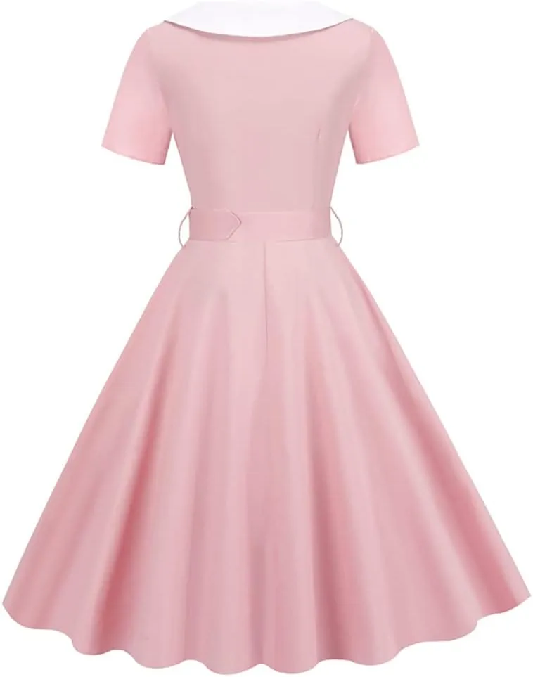 Women Double Breasted Notch Lapel 50s Vintage Short Sleeve Cocktail Swing Dress Polka Dot 1950s Rockabilly Prom Midi Dress