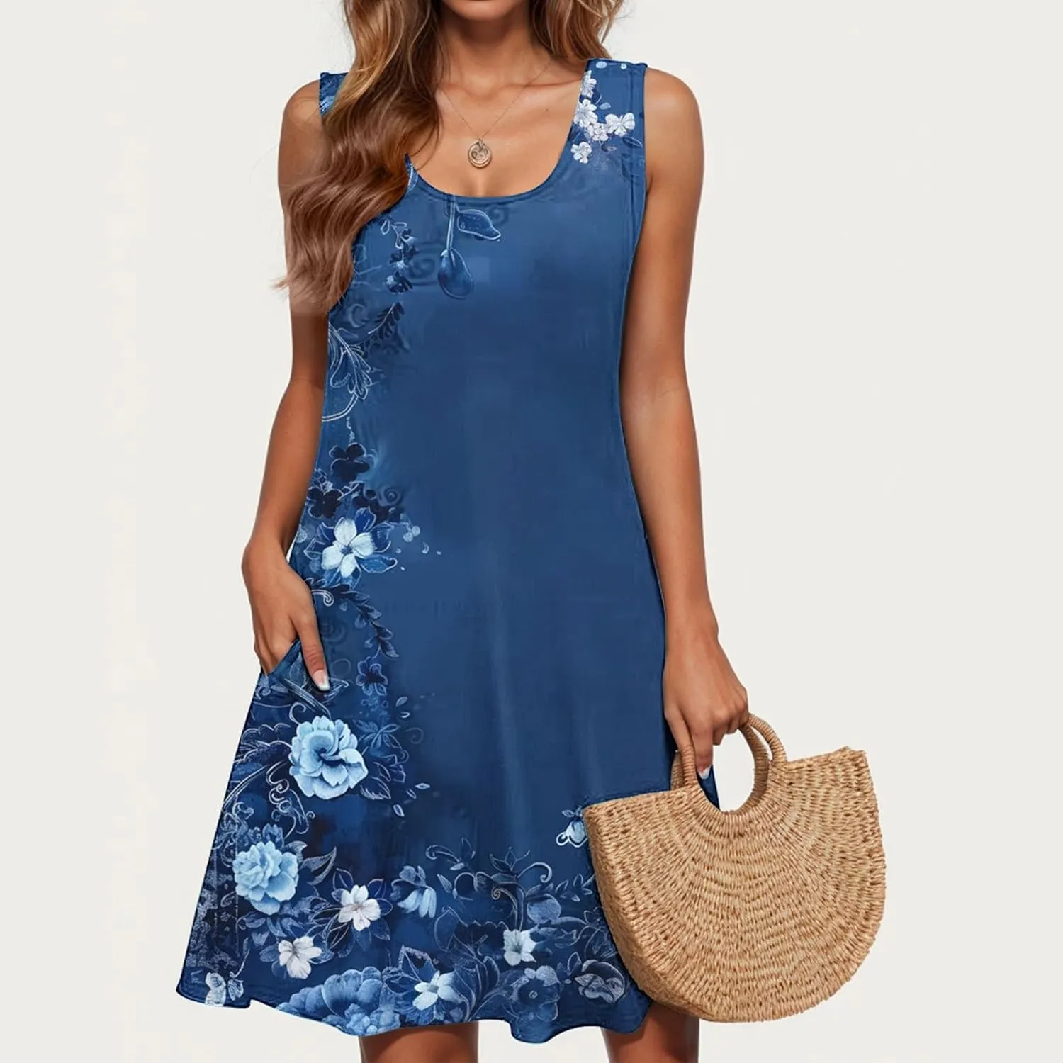 Women Sleeveless Loose Beach Dress Boho Floral Print Sundresses Vintage Casual Trendy Tank Dress
