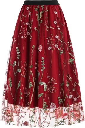 Women Vintage Floral Embroidered Tulle Midi Skirt 50s Party Elastic High Waist A-line Swing Skirts