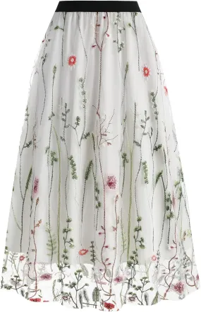 Women Vintage Floral Embroidered Tulle Midi Skirt 50s Party Elastic High Waist A-line Swing Skirts