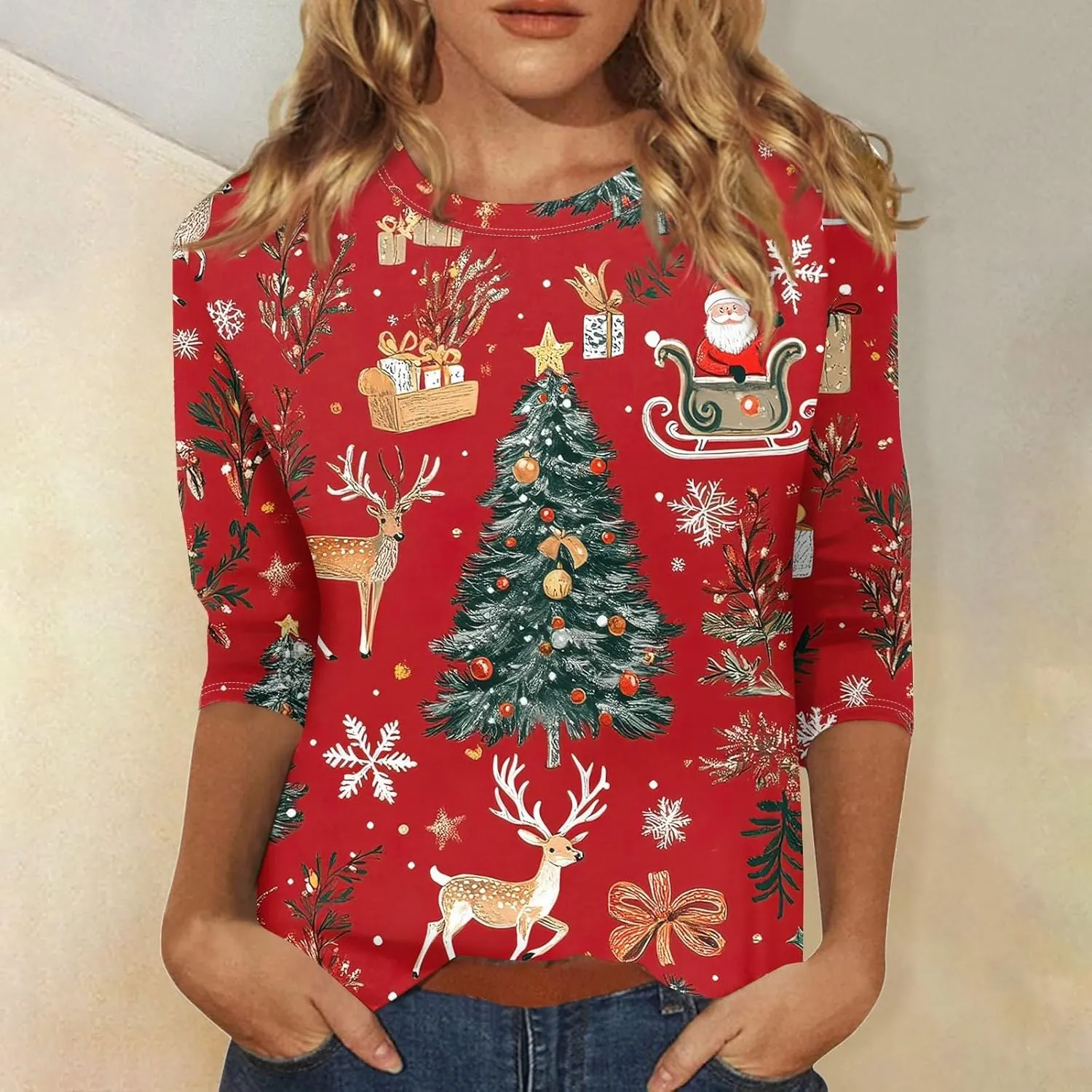 Womens Christmas Shirts Printed Tshirts Tops Trendy Christmas Tree 3/4 Length Sleeve Round Neck Loose Fit Pullover