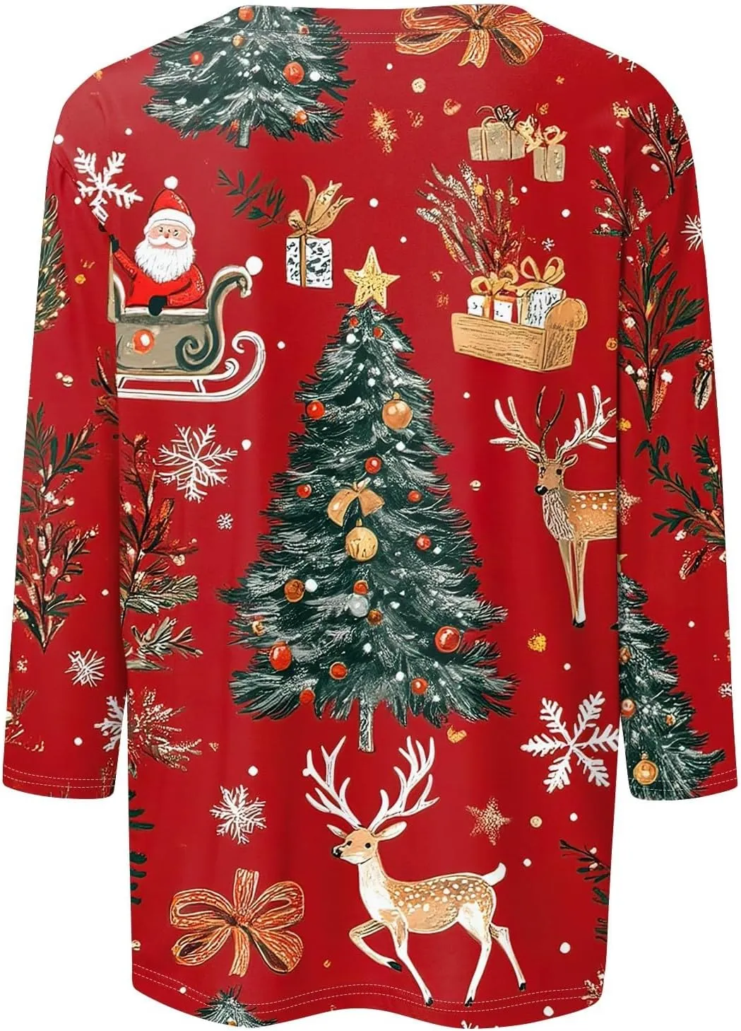 Womens Christmas Shirts Printed Tshirts Tops Trendy Christmas Tree 3/4 Length Sleeve Round Neck Loose Fit Pullover