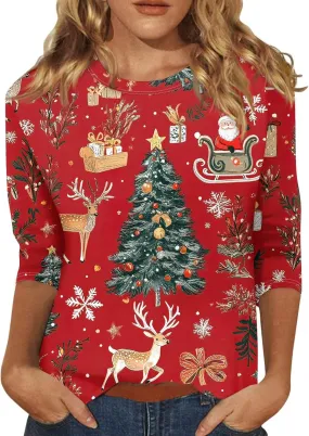 Womens Christmas Shirts Printed Tshirts Tops Trendy Christmas Tree 3/4 Length Sleeve Round Neck Loose Fit Pullover