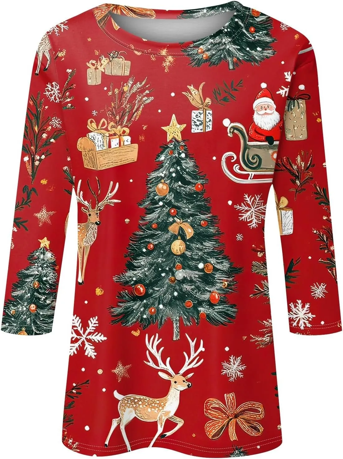 Womens Christmas Shirts Printed Tshirts Tops Trendy Christmas Tree 3/4 Length Sleeve Round Neck Loose Fit Pullover