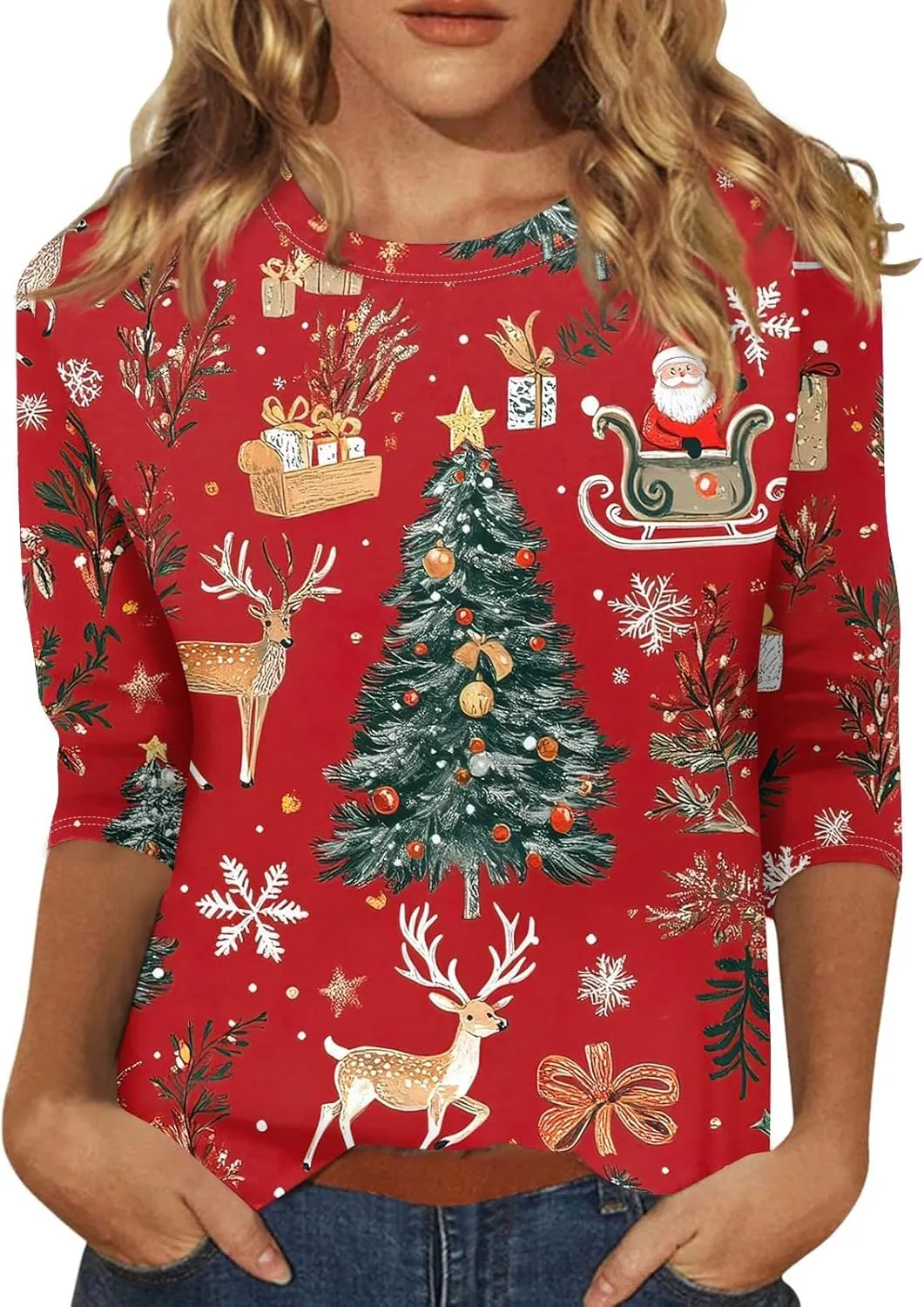 Womens Christmas Shirts Printed Tshirts Tops Trendy Christmas Tree 3/4 Length Sleeve Round Neck Loose Fit Pullover