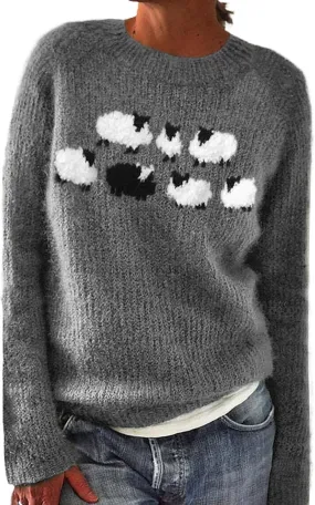 Women's Colorful Knitted Sweater, Long Sleeve Vintage Pattern, Casual Warm Pullover Sweaters for Women Trendy