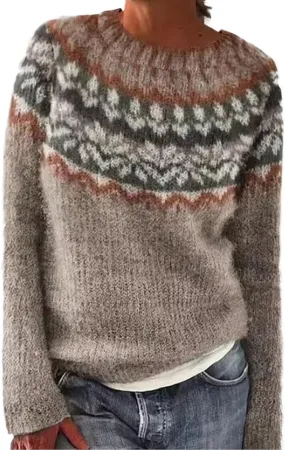 Women's Colorful Knitted Sweater, Long Sleeve Vintage Pattern, Casual Warm Pullover Sweaters for Women Trendy
