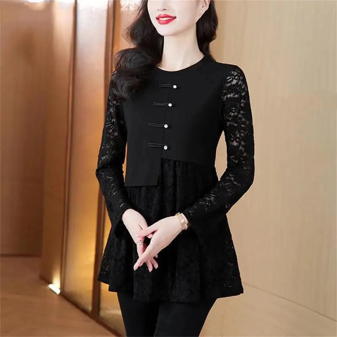 Women's Lace Office Button Shirts Retro Vintage Peplum Tops Blouses
