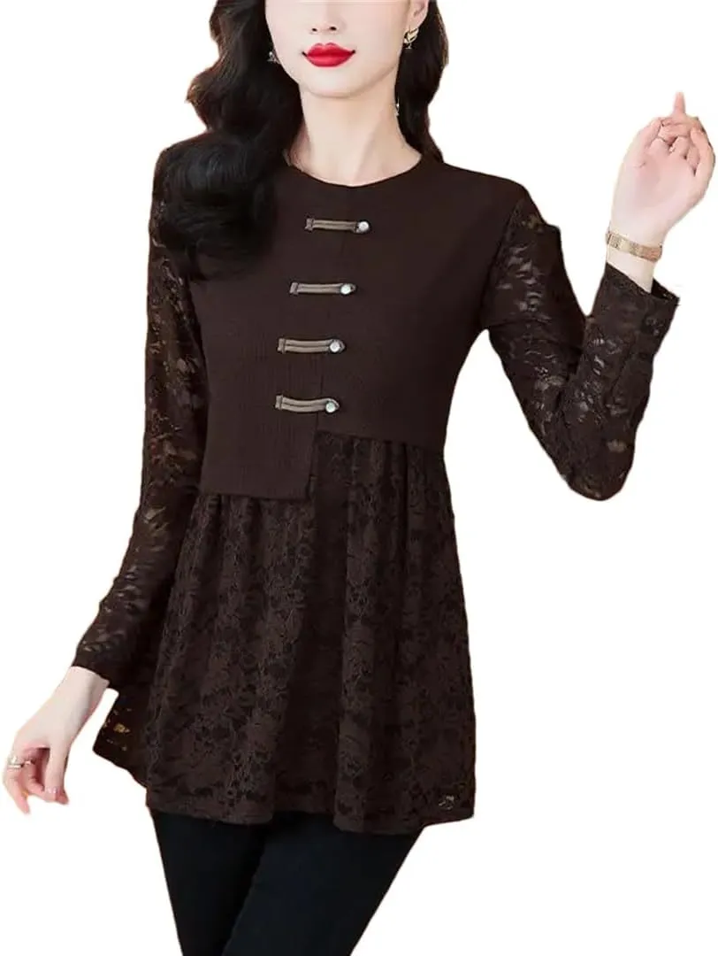 Women's Lace Office Button Shirts Retro Vintage Peplum Tops Blouses