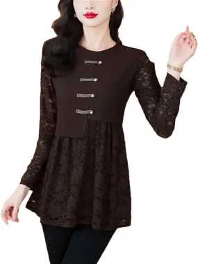 Women's Lace Office Button Shirts Retro Vintage Peplum Tops Blouses