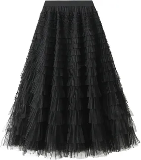 Women's Mesh Maxi Skirts Tiered Ruffle Long Skirt Solid Tulle Skirt High Waist Puffy Midi Skirts for Party Prom