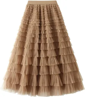 Women's Mesh Maxi Skirts Tiered Ruffle Long Skirt Solid Tulle Skirt High Waist Puffy Midi Skirts for Party Prom