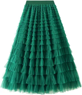 Women's Mesh Maxi Skirts Tiered Ruffle Long Skirt Solid Tulle Skirt High Waist Puffy Midi Skirts for Party Prom
