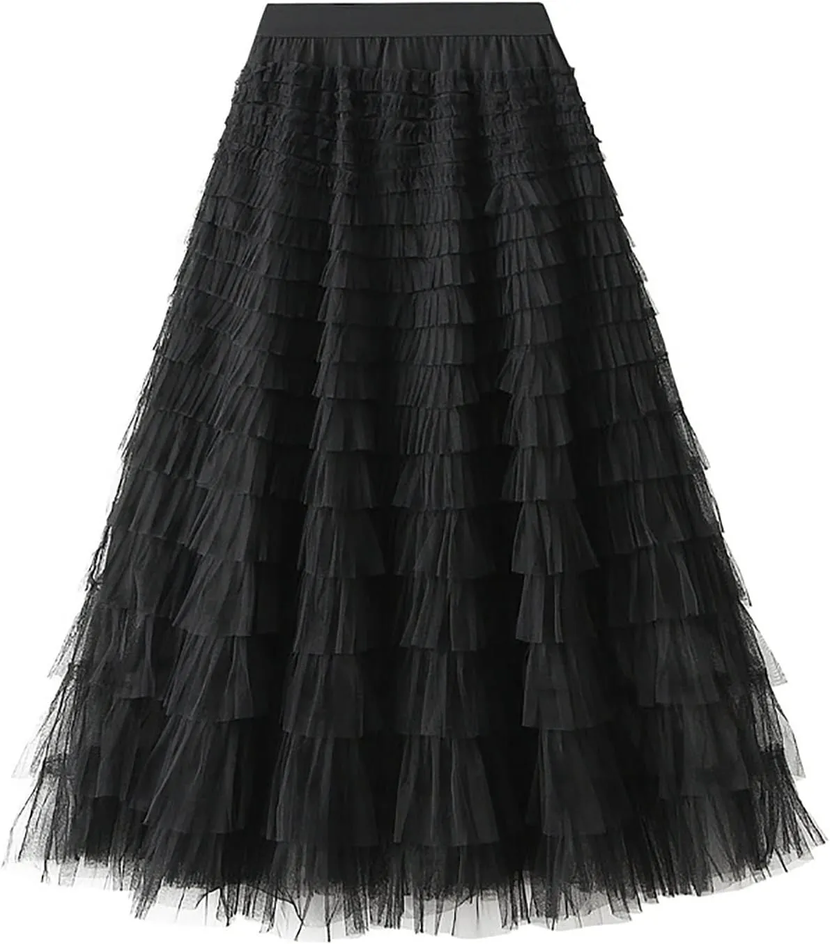 Women's Mesh Maxi Skirts Tiered Ruffle Long Skirt Solid Tulle Skirt High Waist Puffy Midi Skirts for Party Prom