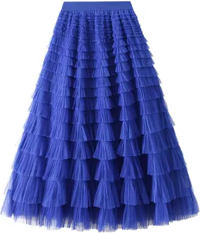 Women's Mesh Maxi Skirts Tiered Ruffle Long Skirt Solid Tulle Skirt High Waist Puffy Midi Skirts for Party Prom