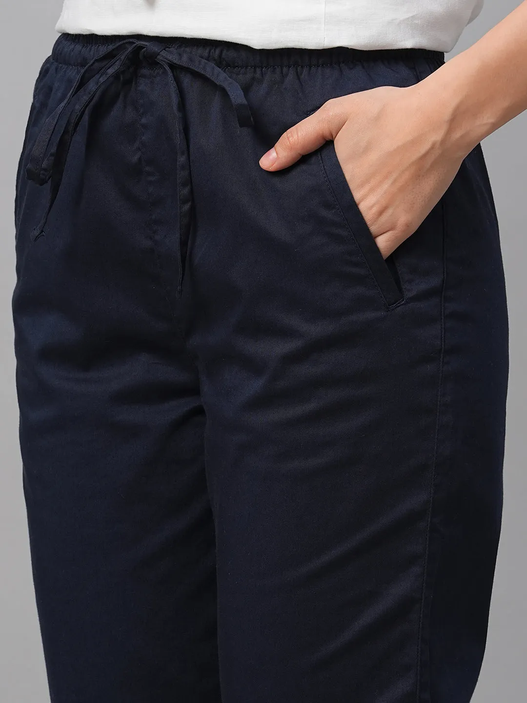 Women's Navy Cotton Lycra Regular Fit Pant