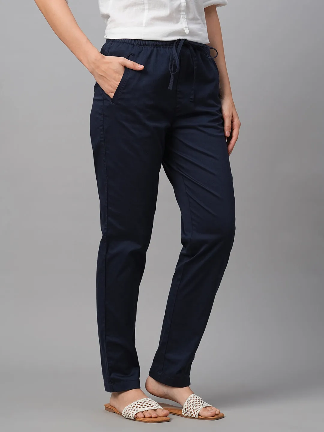 Women's Navy Cotton Lycra Regular Fit Pant