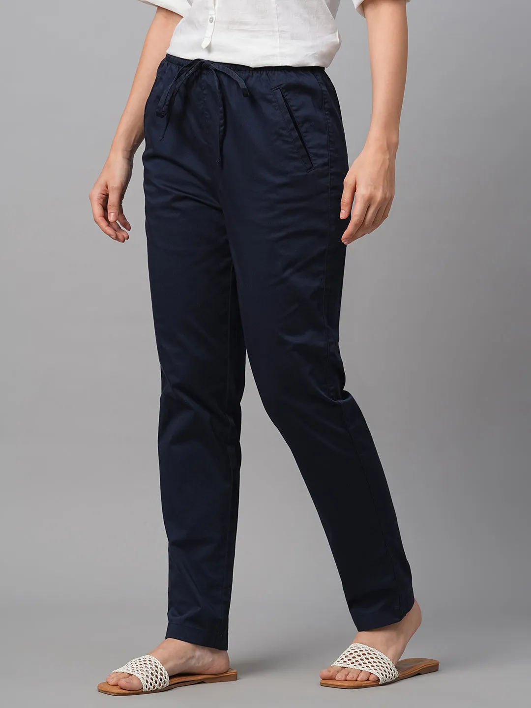 Women's Navy Cotton Lycra Regular Fit Pant
