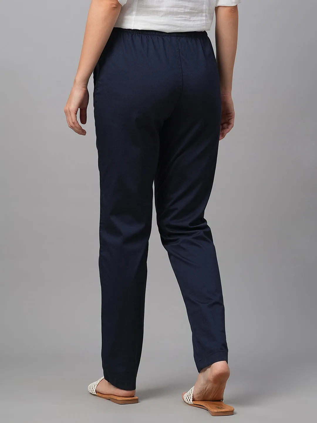 Women's Navy Cotton Lycra Regular Fit Pant