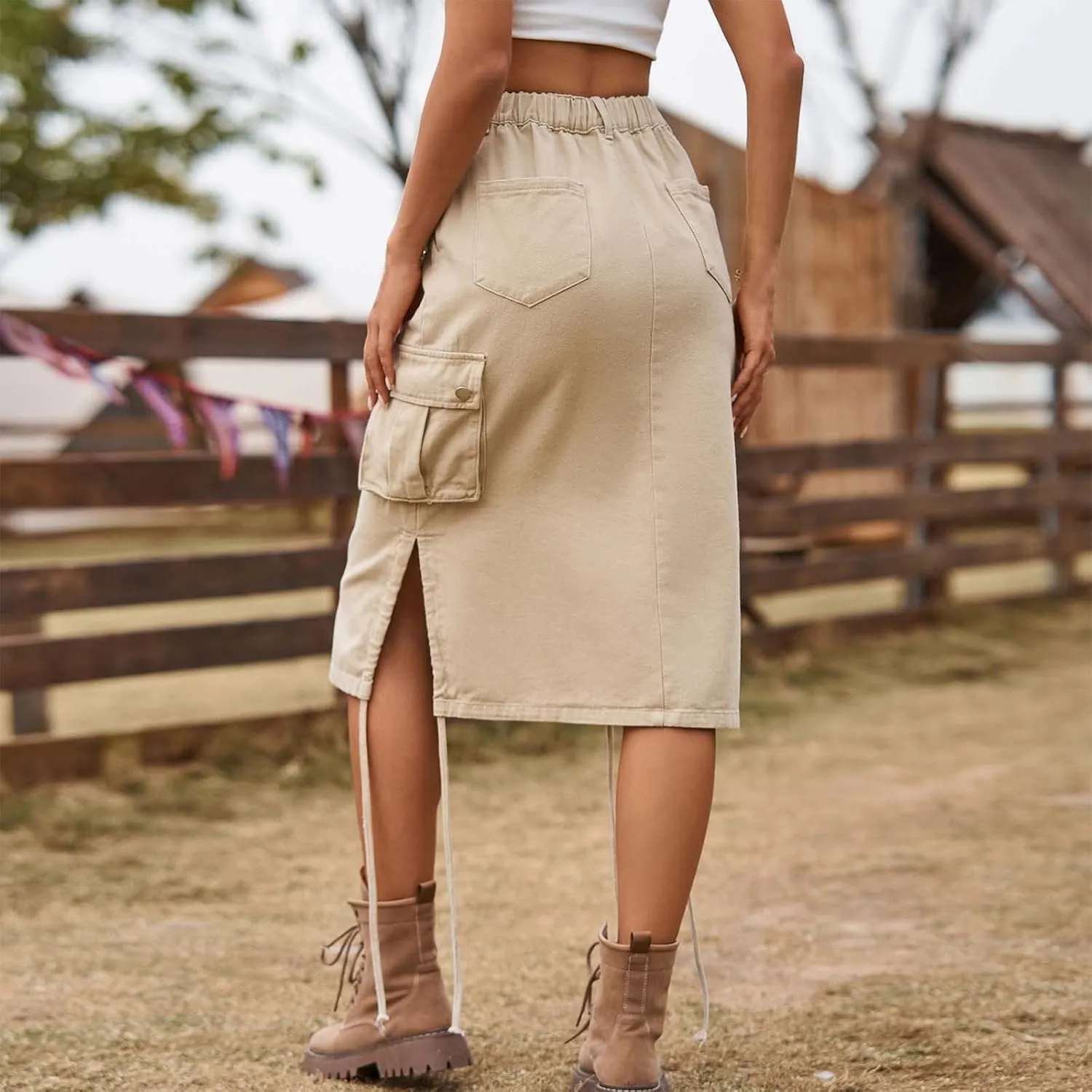 Women's Vintage 90s Midi Denim Skirt Drawstring Stretchy Zipper Pocket Drawstring Jean Skirt Pencil Long Cargo Skirt