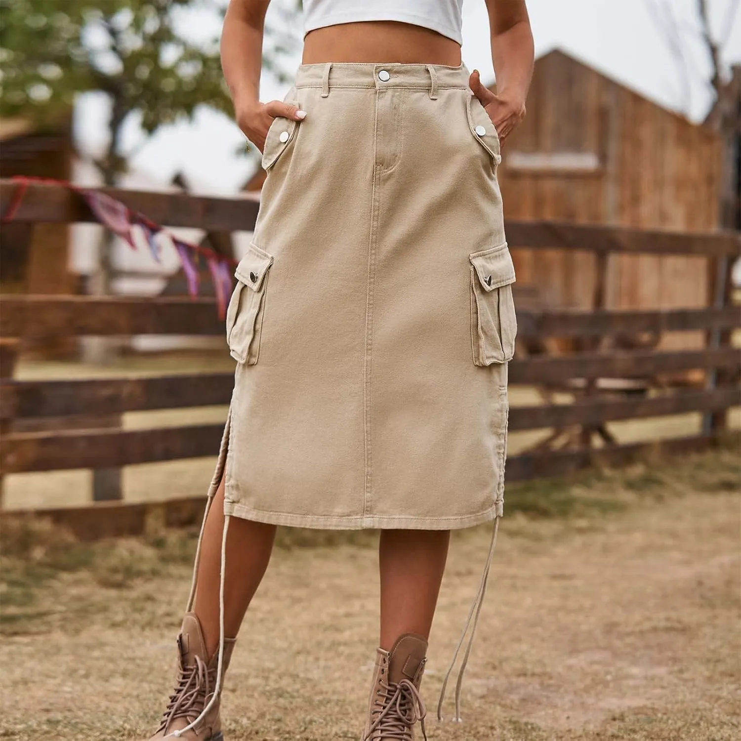 Women's Vintage 90s Midi Denim Skirt Drawstring Stretchy Zipper Pocket Drawstring Jean Skirt Pencil Long Cargo Skirt