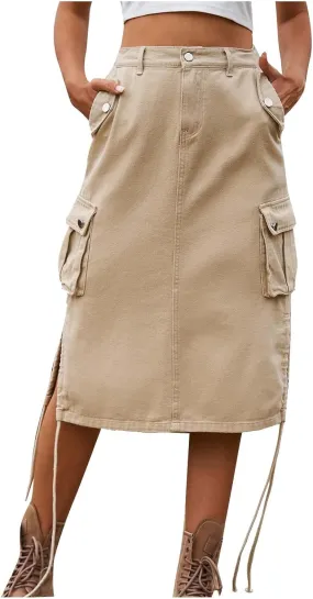 Women's Vintage 90s Midi Denim Skirt Drawstring Stretchy Zipper Pocket Drawstring Jean Skirt Pencil Long Cargo Skirt