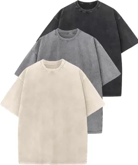 Wyeysyt 3 Pack Men's Oversized T Shirts Vintage Baggy Tee Cotton Loose Short Sleeves Casual Acid Wash Shirts Unisex Tops